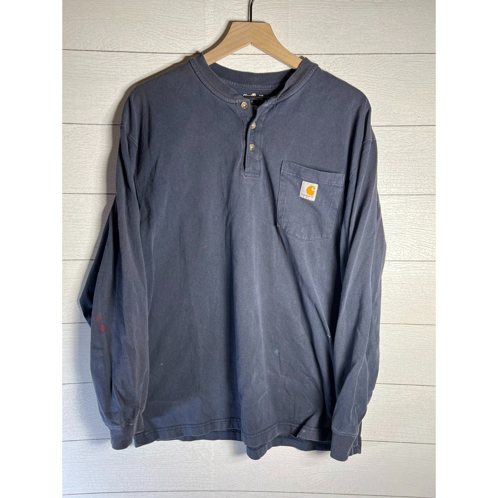 Carhartt Mens Large Navy Blue Long Sleeve Pocket Henley Work Shirt